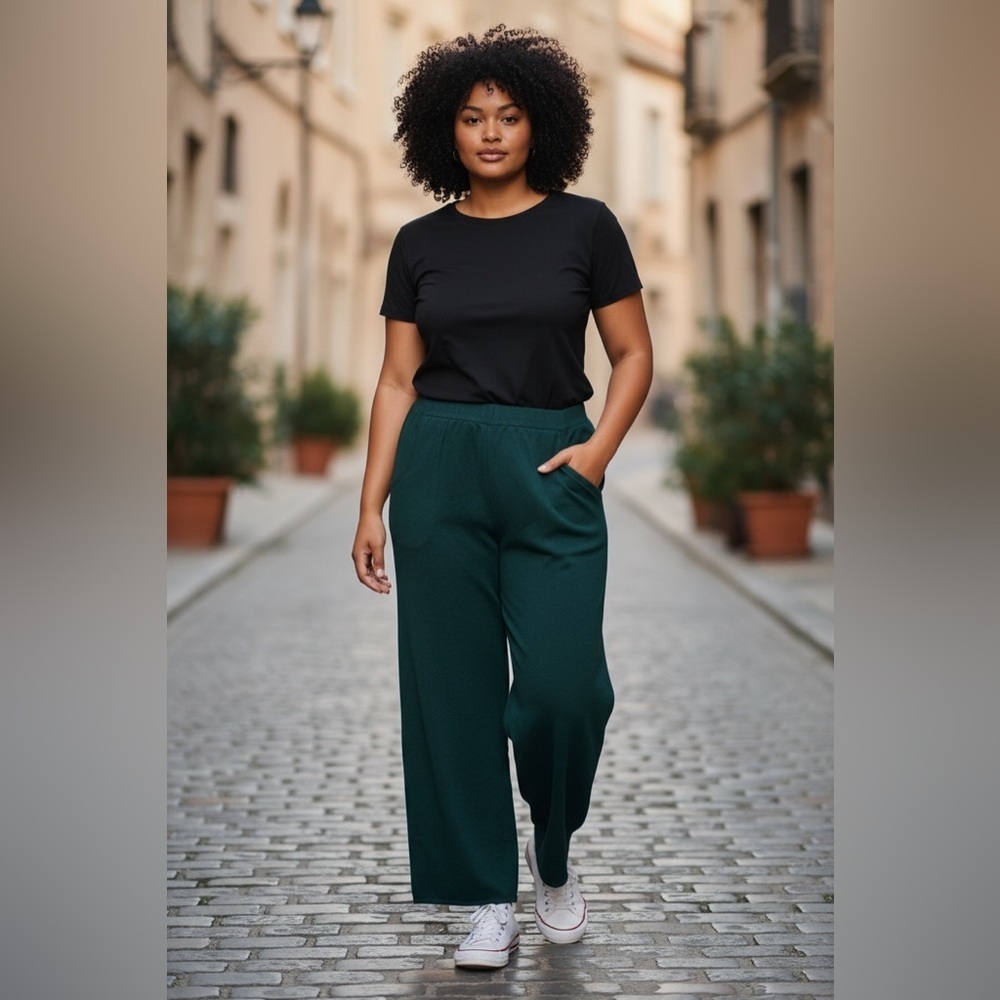 WYNNE LAYERS (1X) Sweater Knit Wide-Leg Pants Pockets Pull-On Soft Dark Teal NEW - Picture 2 of 12